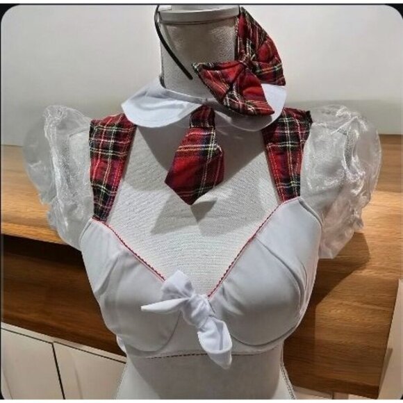 Party King ✦ Schoolgirl Costume Set ✦ Plaid Skirt White Crop Top Collar Hair Bow - Picture 6 of 13